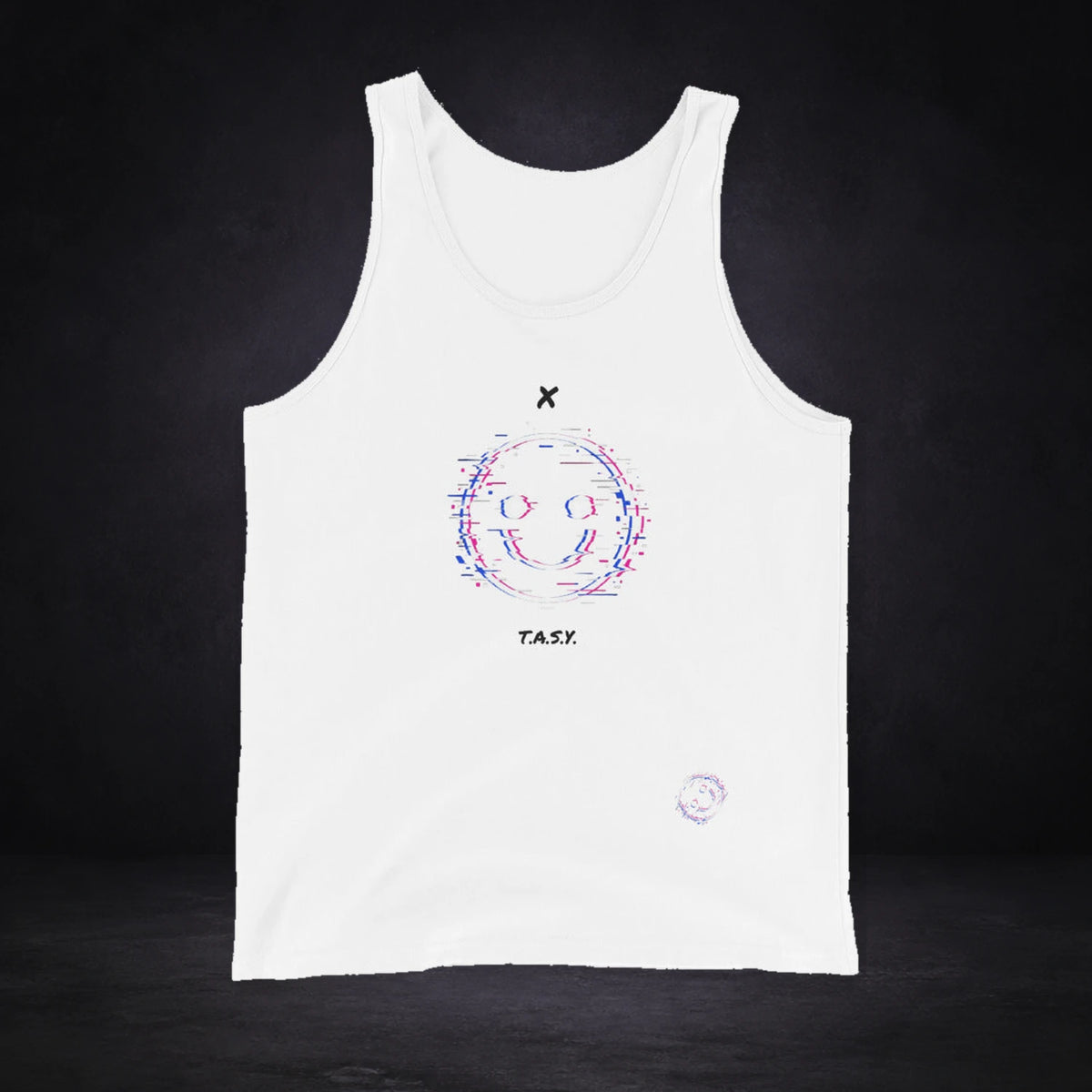 Xtasy Tank Top von NiZED, Vorderansicht mit Designprint vor dunklem Betonhintergrund