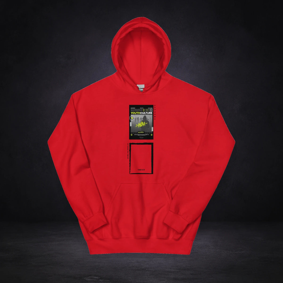 Youth Culture Hoodie von NiZED, Vorderansicht mit Designprint vor dunklem Betonhintergrund