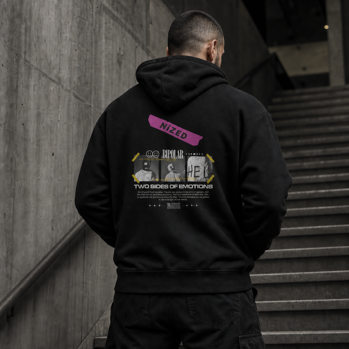 Not Normal Hoodie mit Bipolar Graphic-Rückenprint an Mann – KI-generierte Darstellung