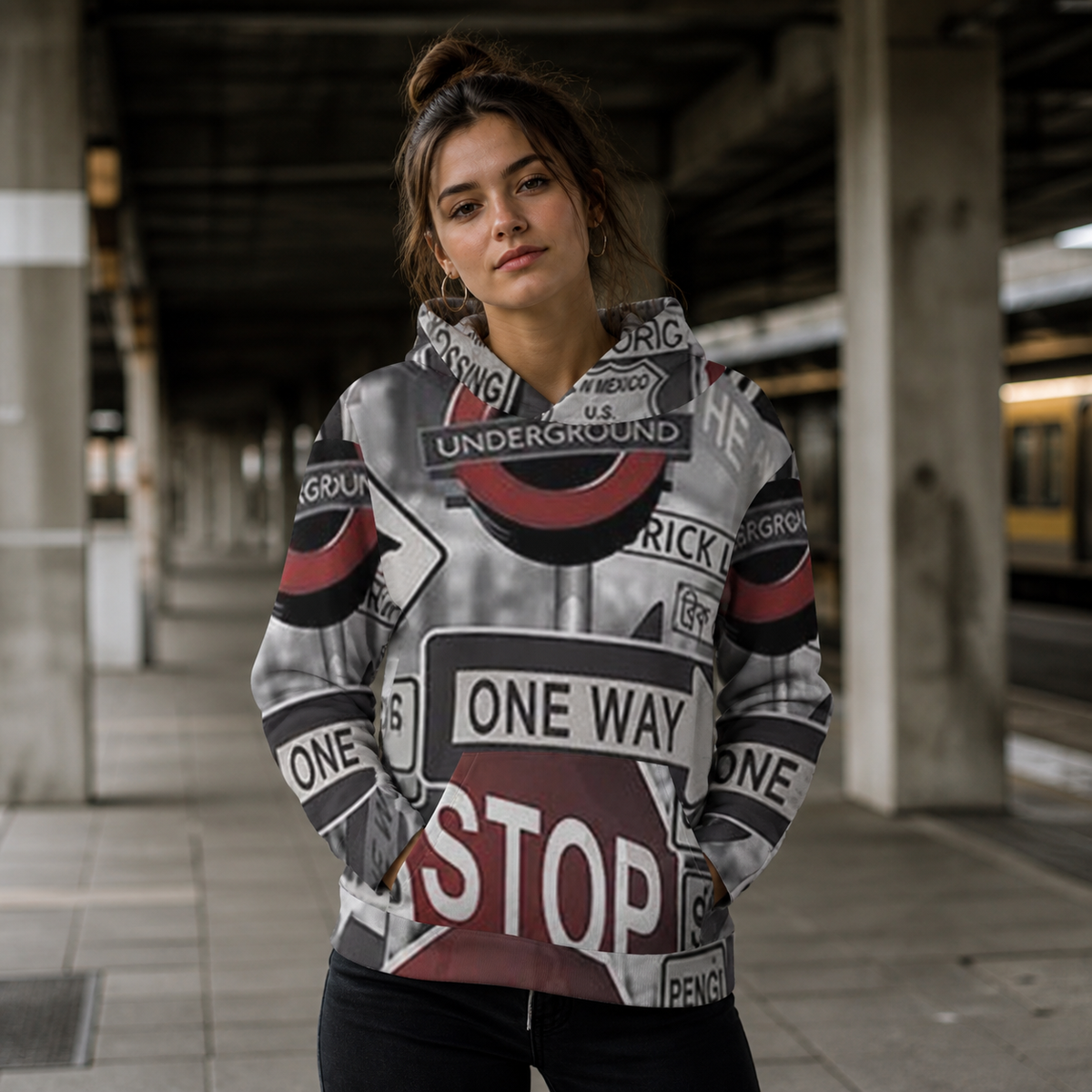 One Way Hoodie mit Allover-Schilderprint an Frau von vorne – KI-generierte Darstellung