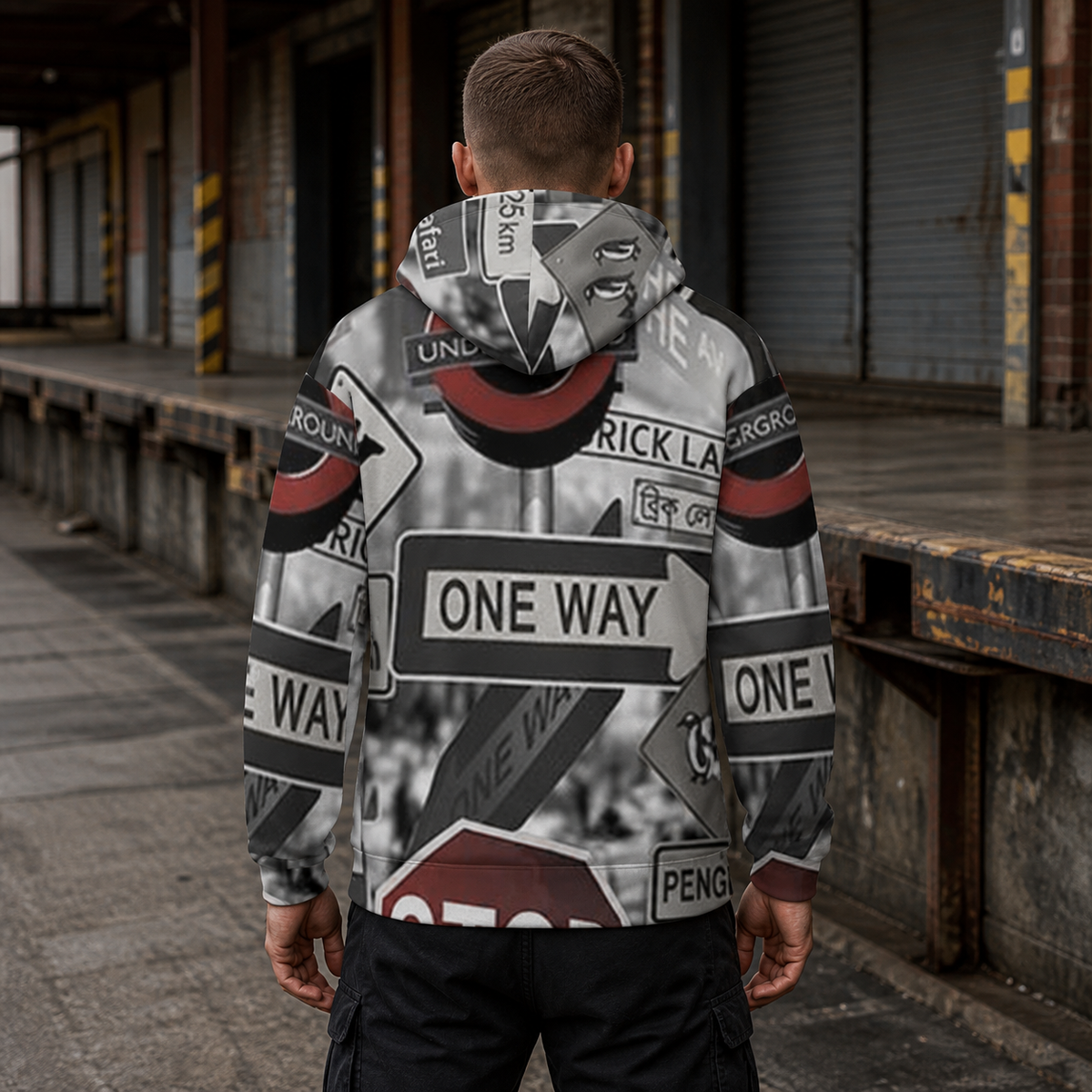 One Way Hoodie mit Allover-Schilderprint an Mann von hinten – KI-generierte Darstellung