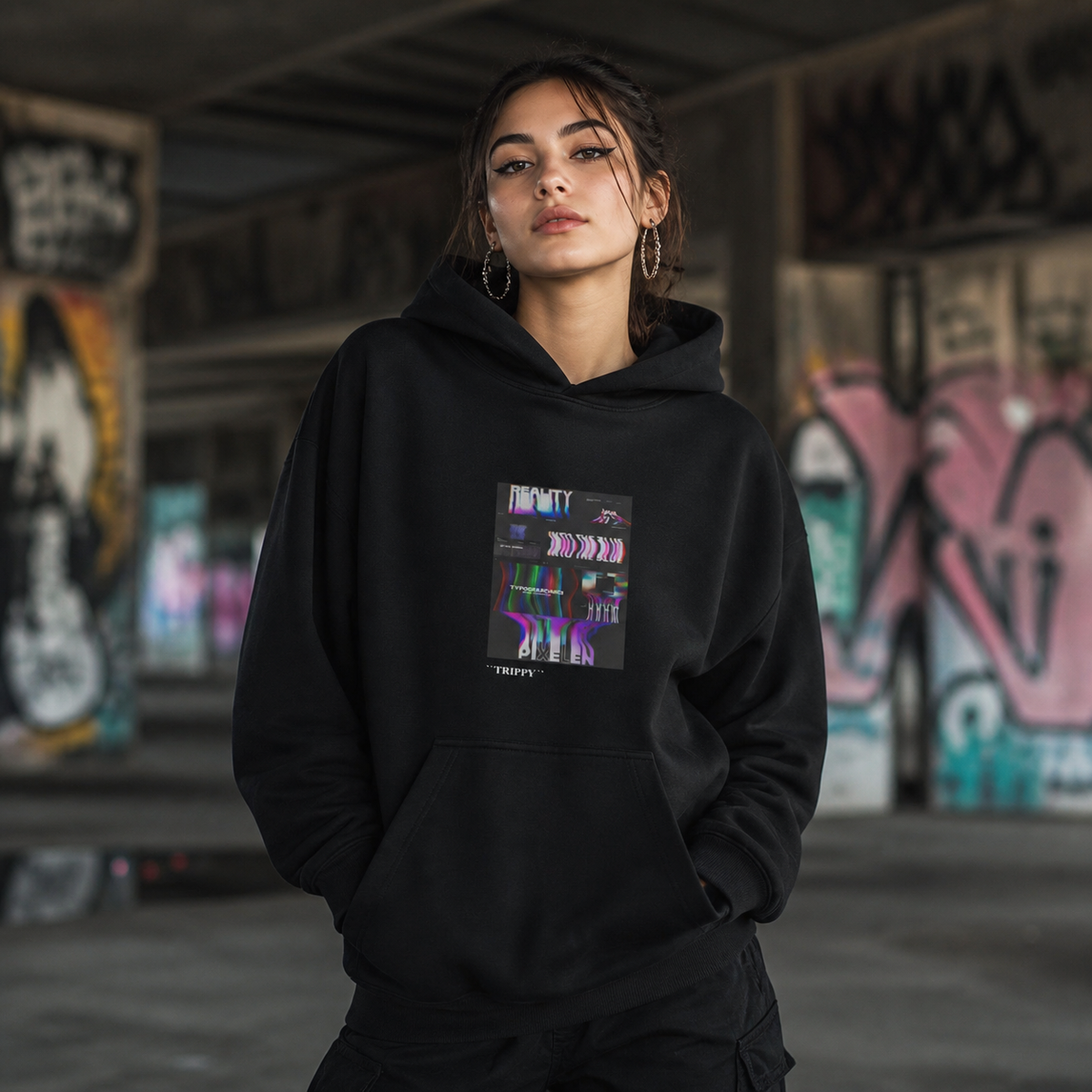 Outta This Hoodie Damen Fit Check mit authentischem Glitch Frontprint in Berliner Streetwear Kulisse – KI-generierte Darstellung