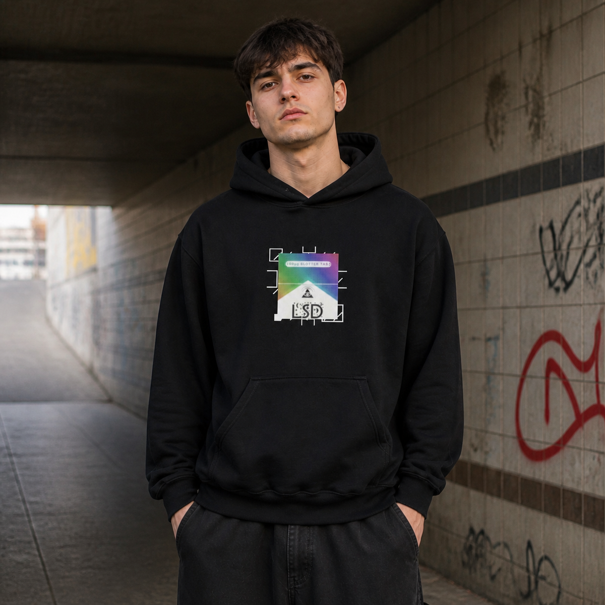 Pappe LSX Hoodie am männlichen Model mit Frontprint im Berliner Fußgängertunnel – KI-generierte Darstellung