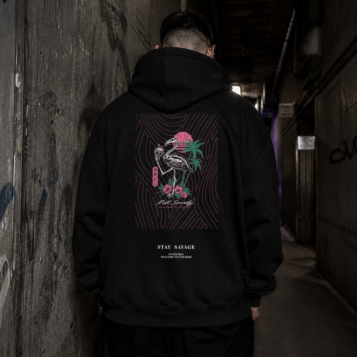 Paradise Flamingo Hoodie Herren Rückenansicht mit Flamingo Backprint – KI-generierte Darstellung