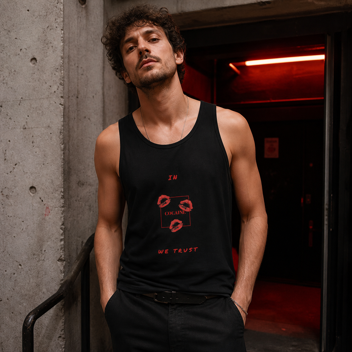 In Party We Trust Tank Top Modellansicht - KI-generierte Darstellung