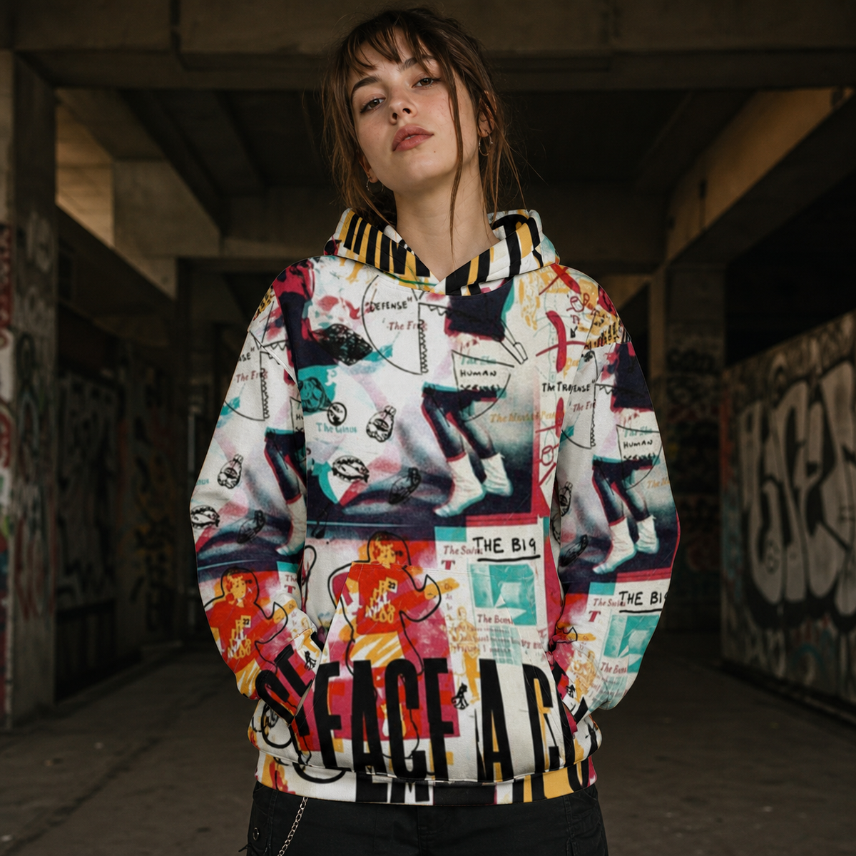 Peac3 Graphic Hoodie Damen Fit Check mit farbigem Alloverprint – KI-generierte Darstellung
