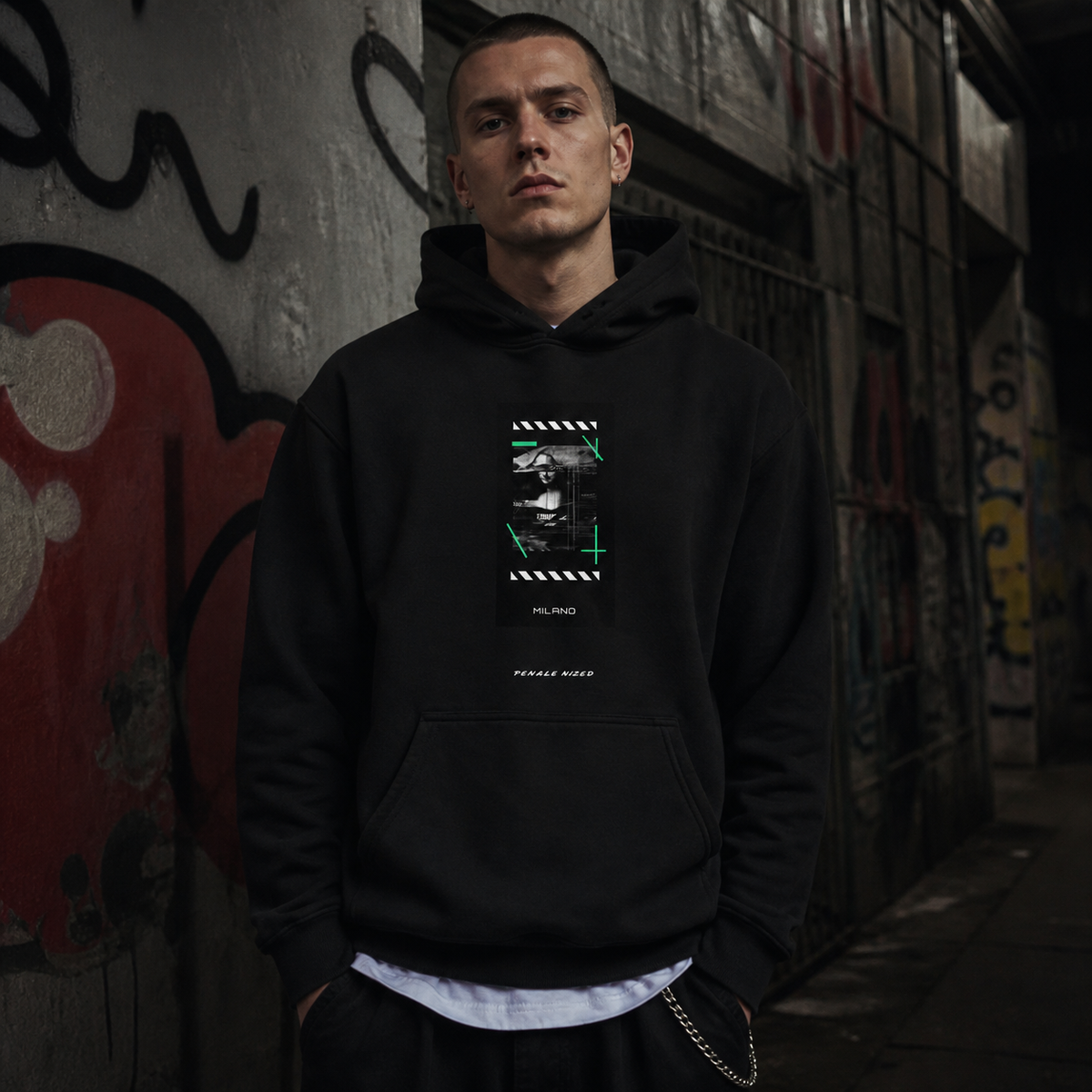 Penale Graphic Hoodie Herren Fit Check mit integriertem Frontprint in Berlin – KI-generierte Darstellung