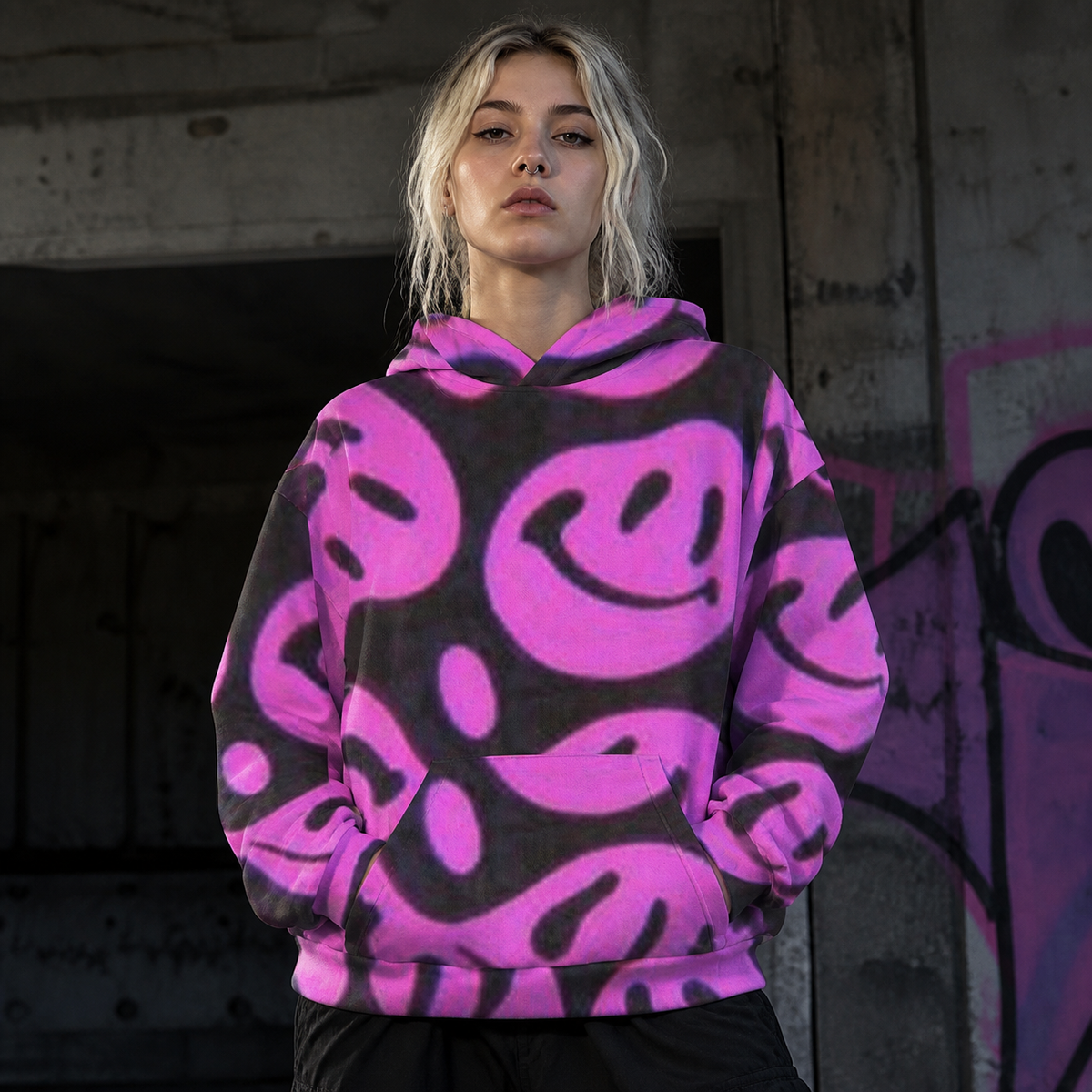 Per Graphic Hoodie Damen Fit Check mit pinkem Smiley Alloverprint – KI-generierte Darstellung