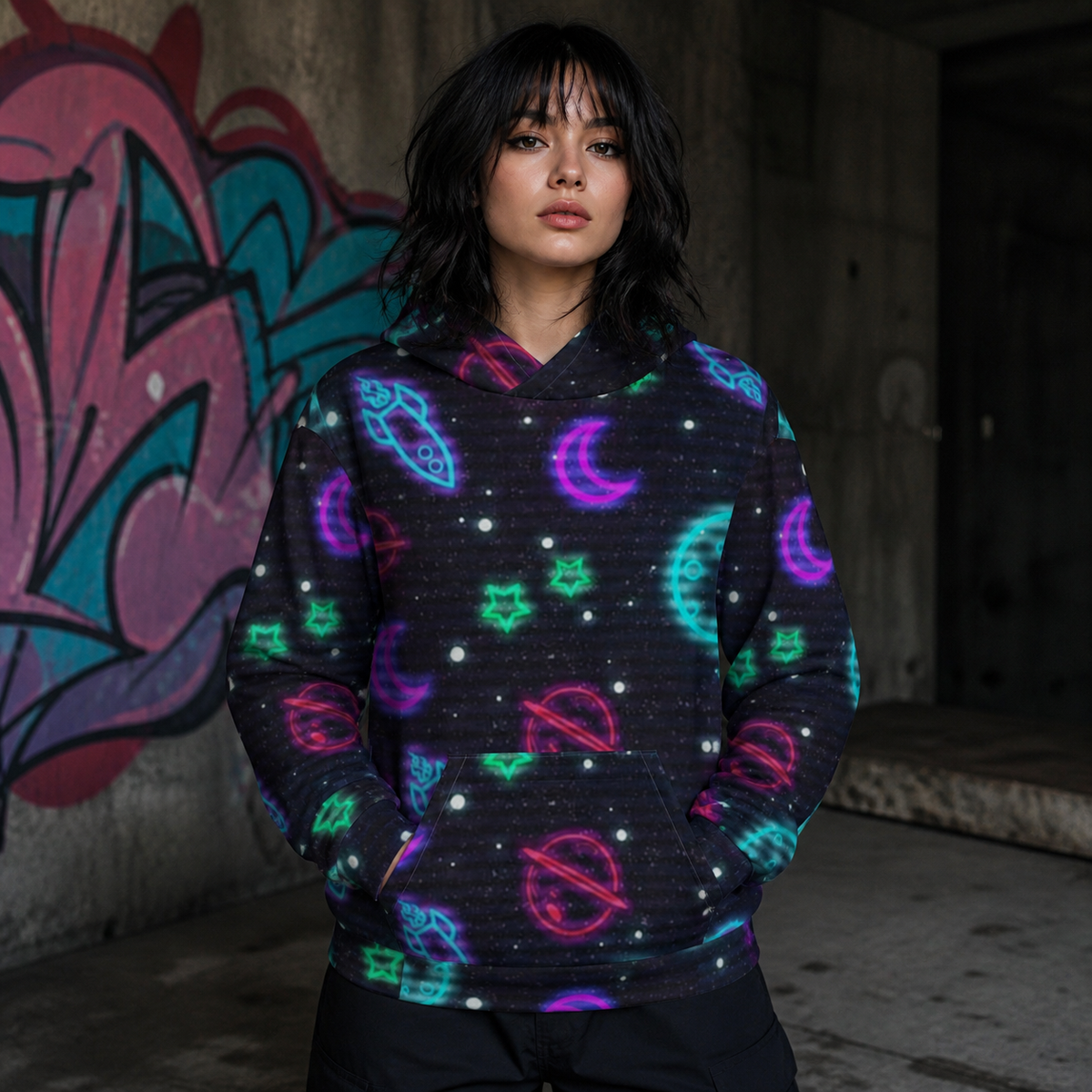Planetik Graphic Hoodie Damen Fit Check mit Neon Weltraum Alloverprint – KI-generierte Darstellung