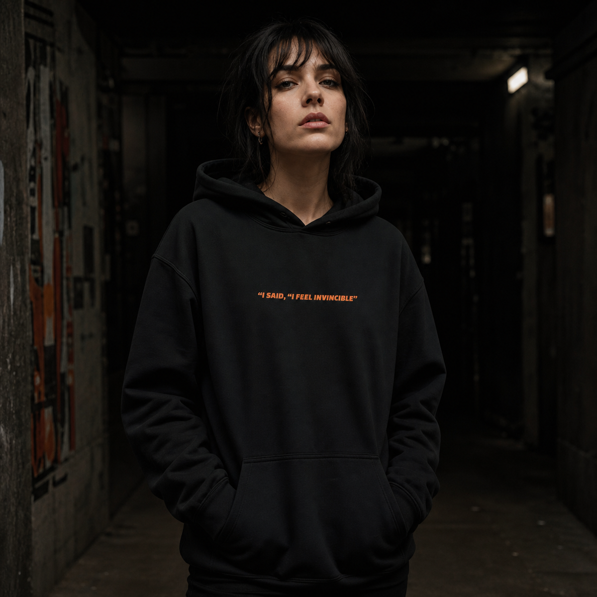 Pop Smoke Graphic Hoodie Damen Fit Check mit orangem Frontschriftzug – KI-generierte Darstellung