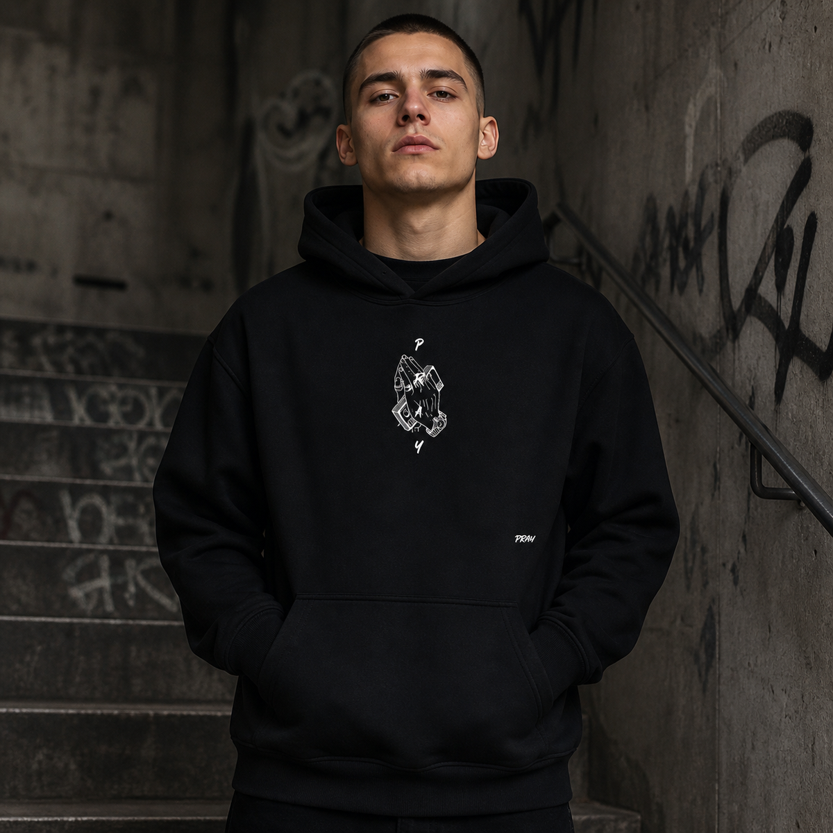 Pray Graphic Hoodie Herren Fit Check mit kleinem Hände Frontprint – KI-generierte Darstellung