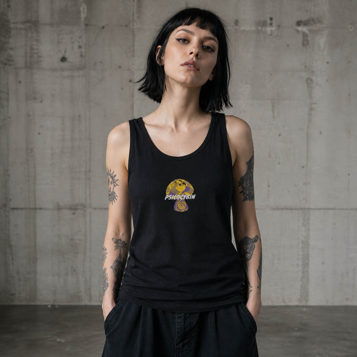 Psilocybin Tank Top Damen Modellansicht - KI-generierte Darstellung
