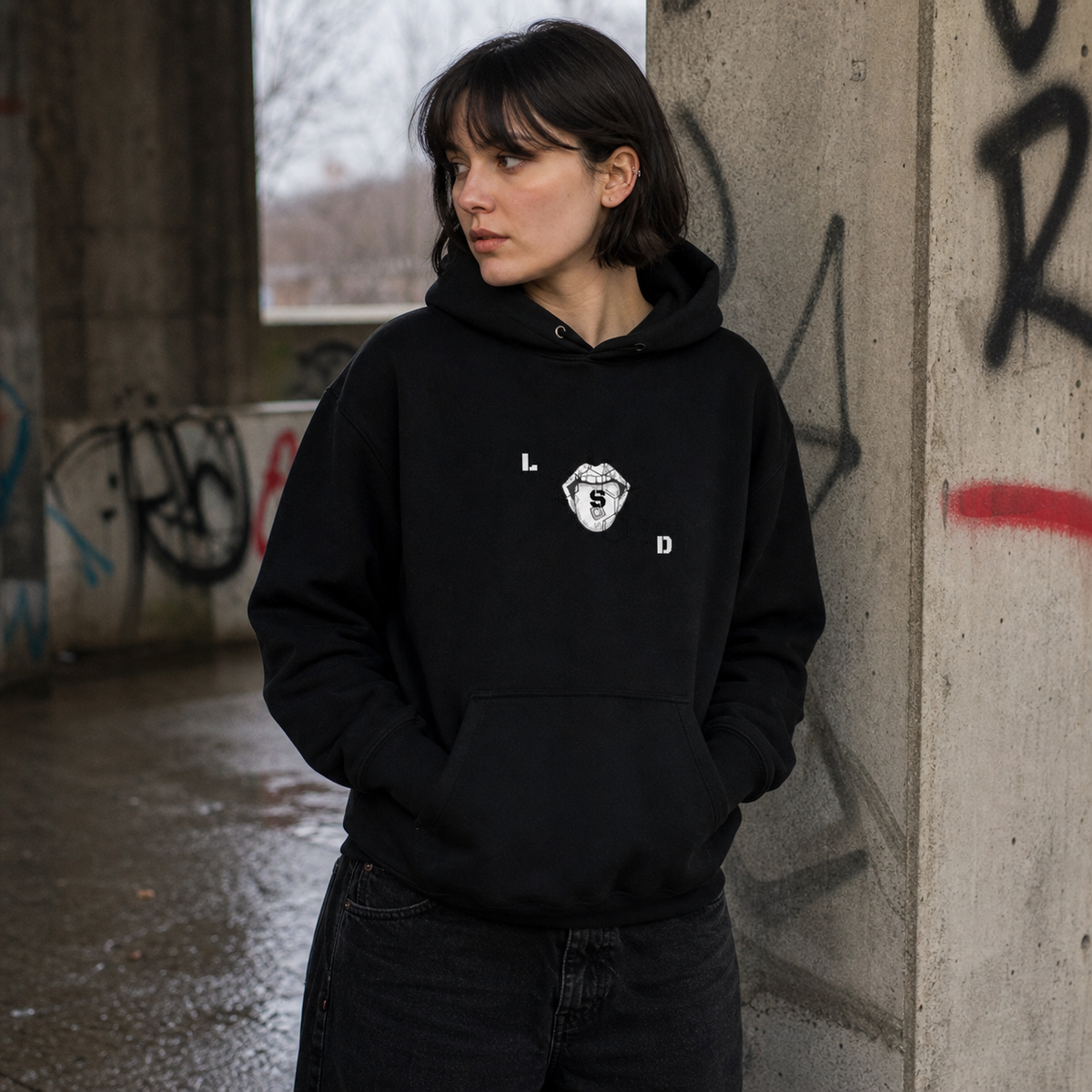 Pulse Graphic Hoodie am weiblichen Model mit Frontprint vor Berliner Graffiti-Kulisse – KI-generierte Darstellung