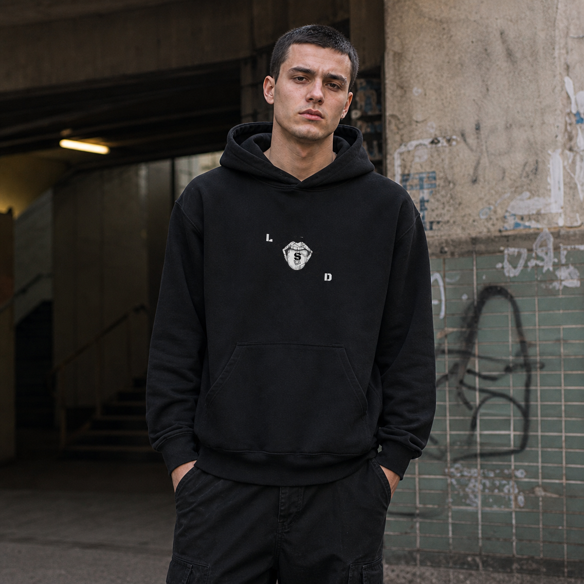 Pulse Graphic Hoodie am männlichen Model mit kleinem Frontprint in Berliner Streetwear-Kulisse – KI-generierte Darstellung