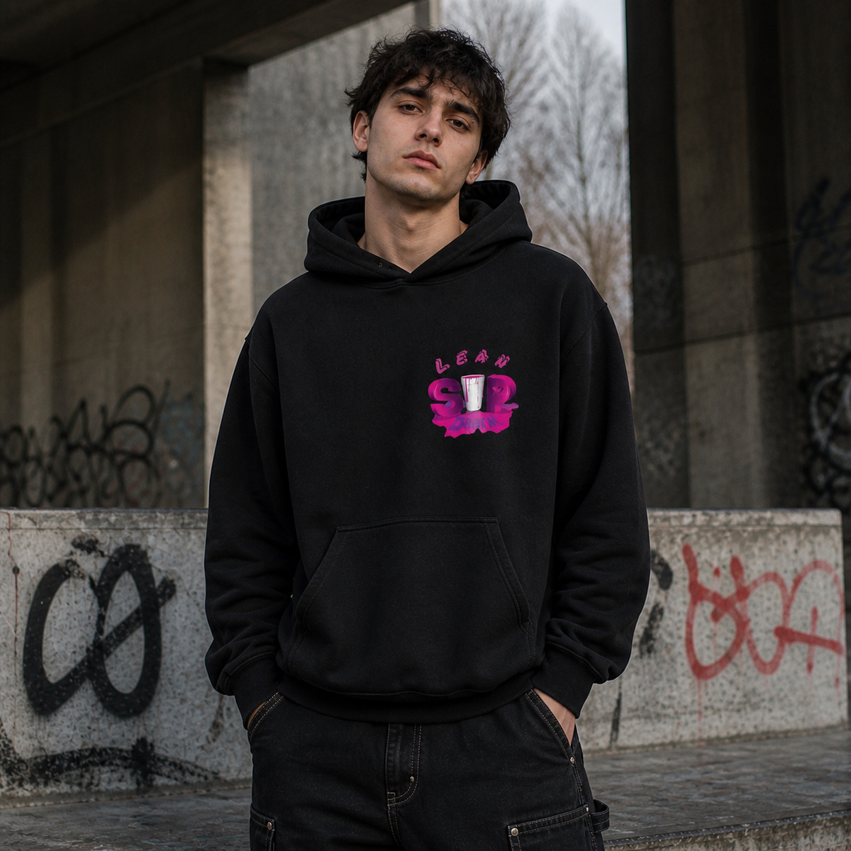 Purple Lean Drink Hoodie am männlichen Model mit Frontprint vor Berliner Graffiti – KI-generierte Darstellung