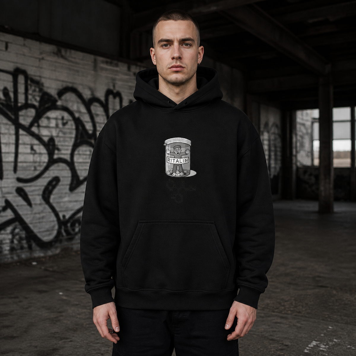 Ritalin Graphic Hoodie Herren Model Frontansicht Berlin – KI-generierte Darstellung