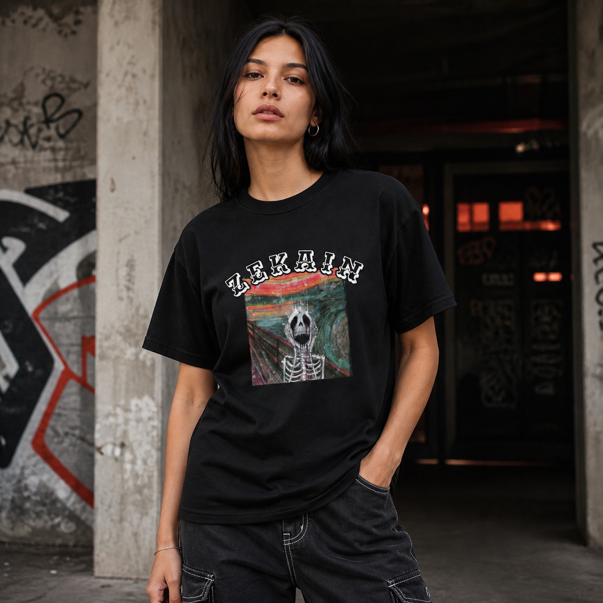 Scream Graphic T-Shirt schwarzes Streetwear Shirt am weiblichen Model, Frontprint – KI-generierte Darstellung