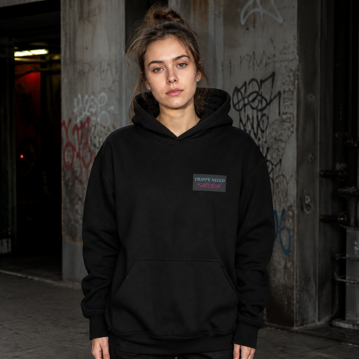 Sheeesh Graphic Hoodie Damen Model Frontansicht Berlin – KI-generierte Darstellung