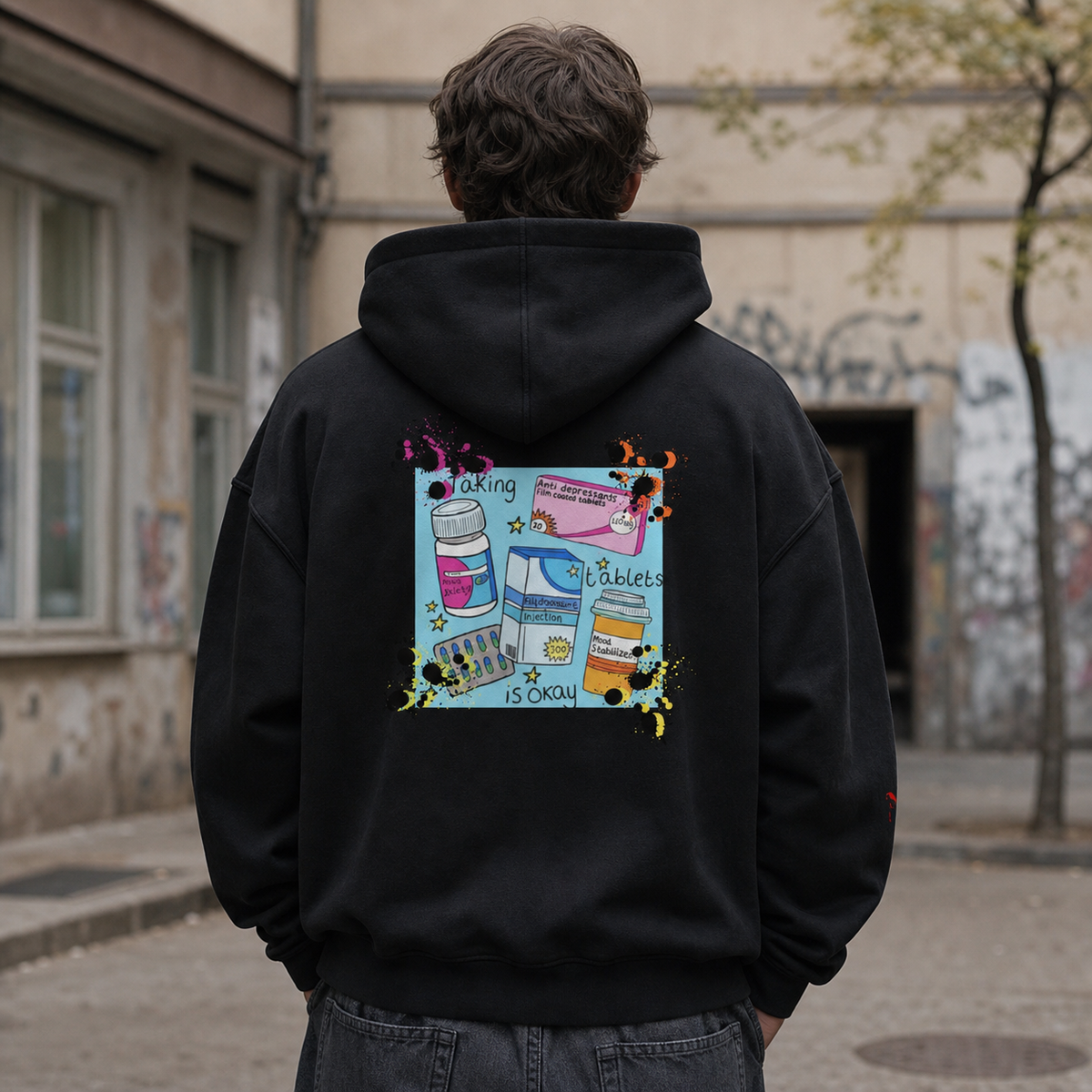 Sinners Taking Vibes Hoodie Herren Model Rückansicht Berlin – KI-generierte Darstellung