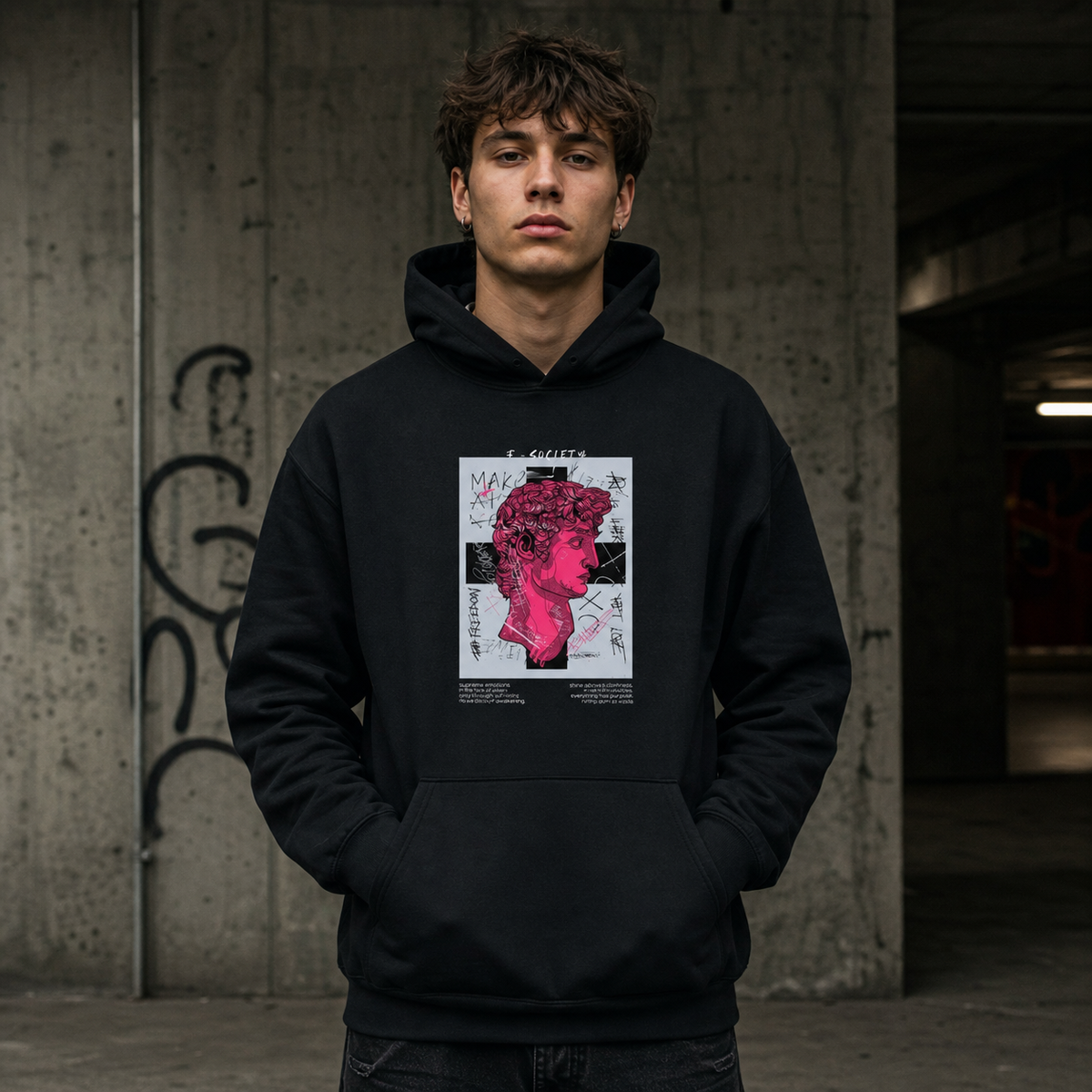 Society Graphic Hoodie am männlichen Model, Frontansicht Berlin – KI-generierte Darstellung