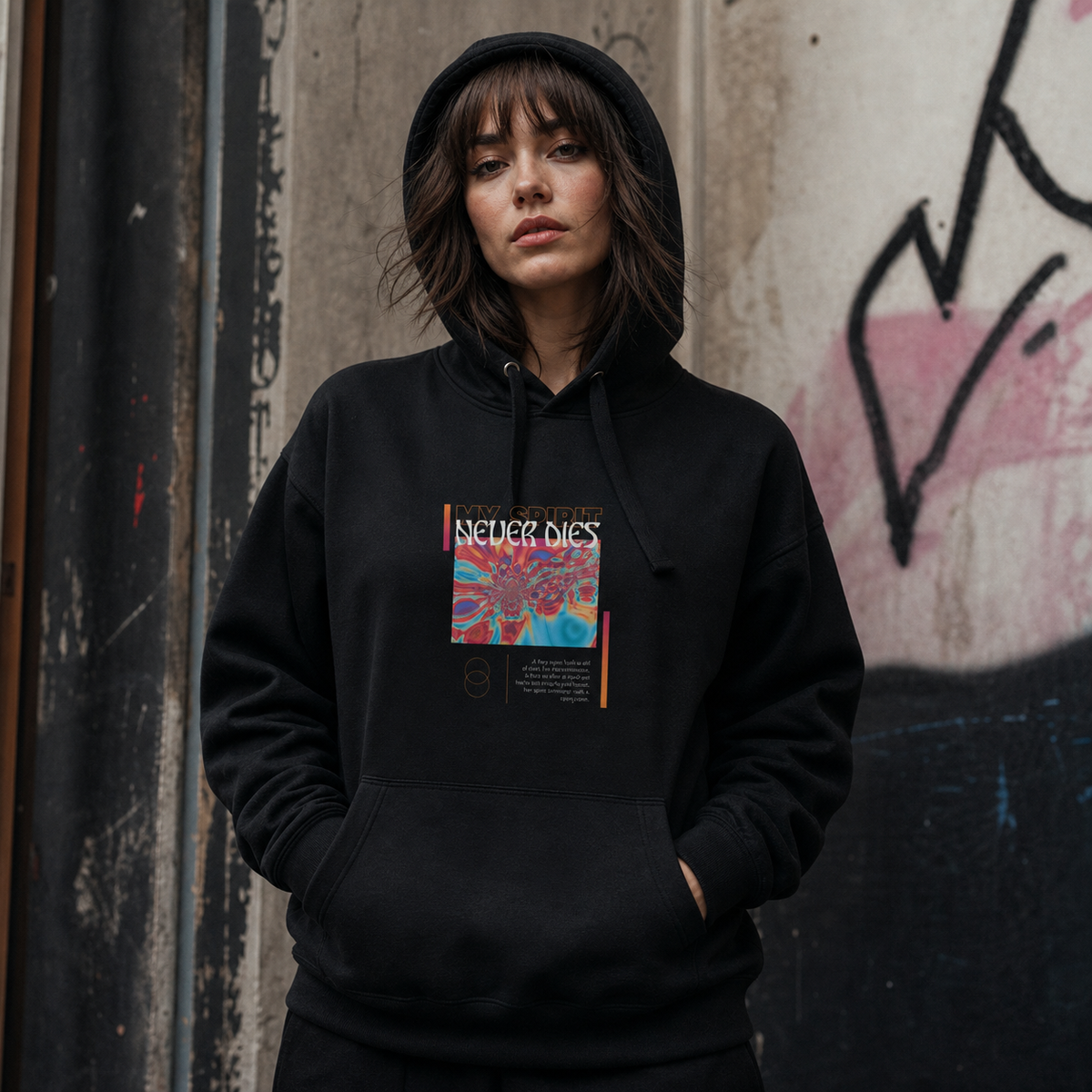 Spirit Never Die Hoodie Damen-Modell Frontansicht – KI-generierte Darstellung