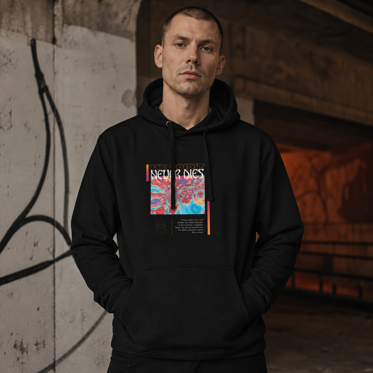Spirit Never Die Hoodie Herren-Modell Frontansicht – KI-generierte Darstellung
