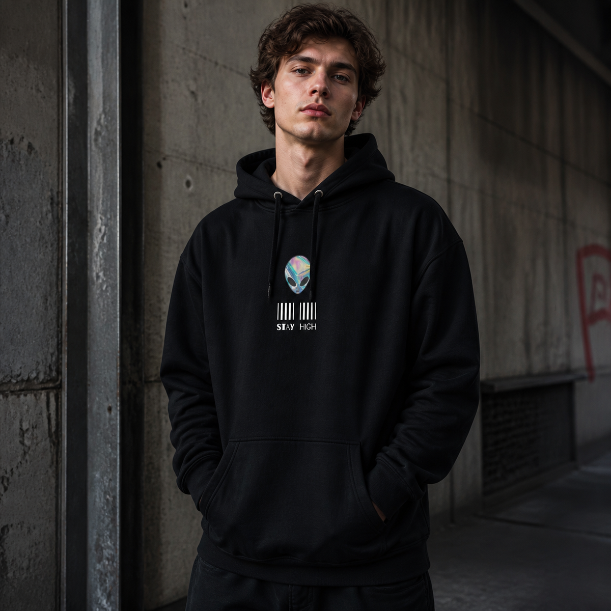 Stay High Graphic Hoodie Herren-Modell Frontansicht – KI-generierte Darstellung