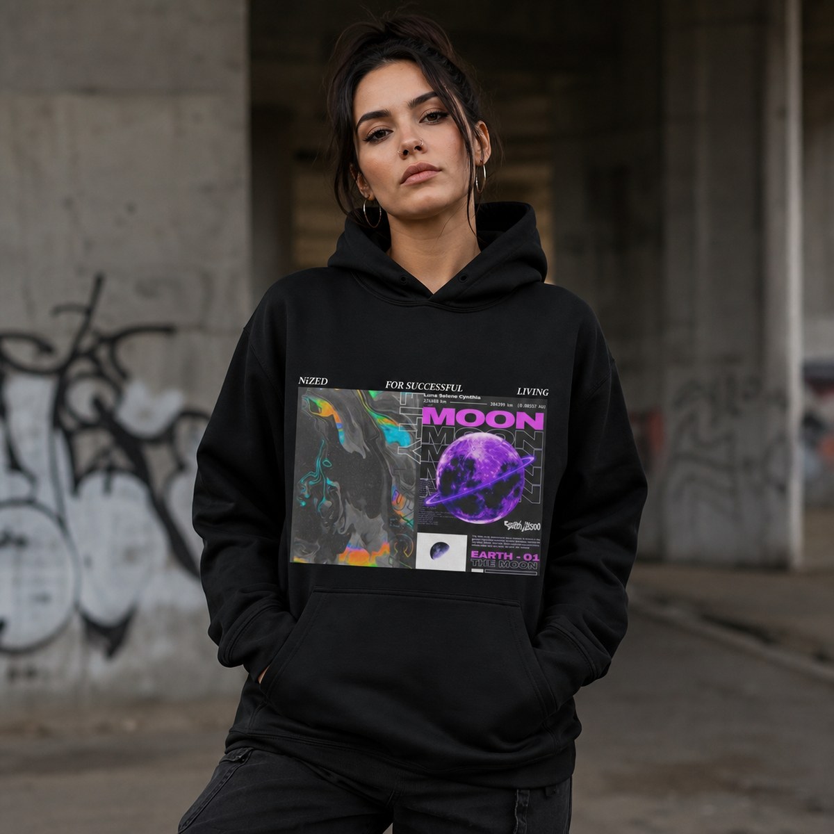 Succsessful Tripping Hoodie an weiblichem Model, Frontansicht – KI-generierte Darstellung