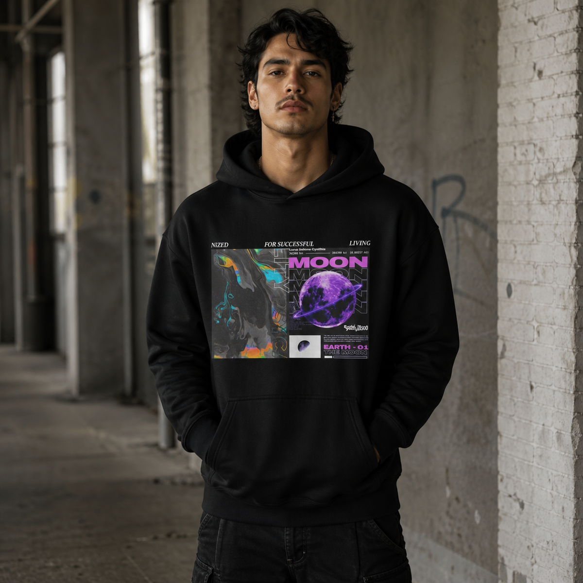 Succsessful Tripping Hoodie an männlichem Model, Frontansicht – KI-generierte Darstellung