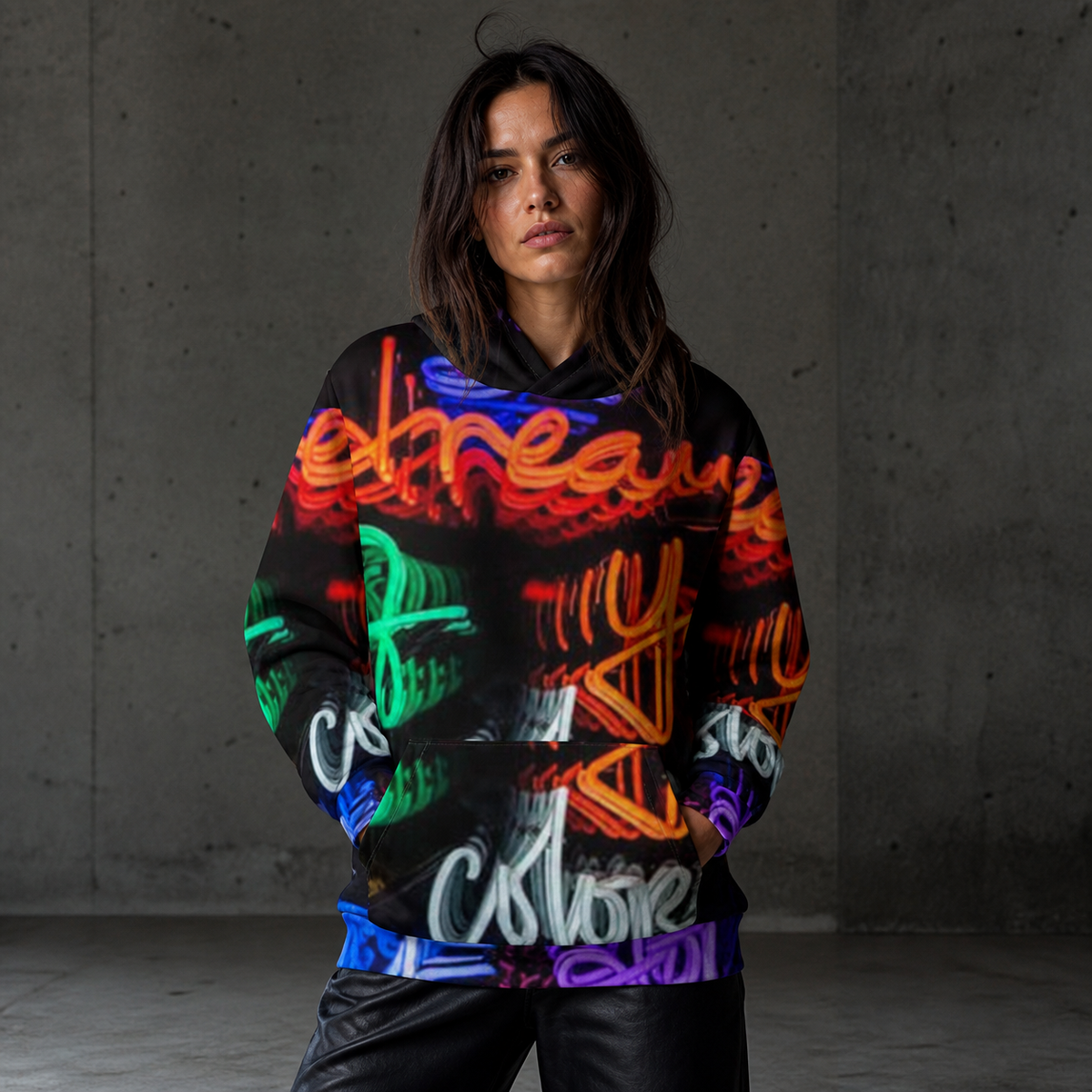 Suis Graphic Hoodie Damen Modell Frontansicht – KI-generierte Darstellung