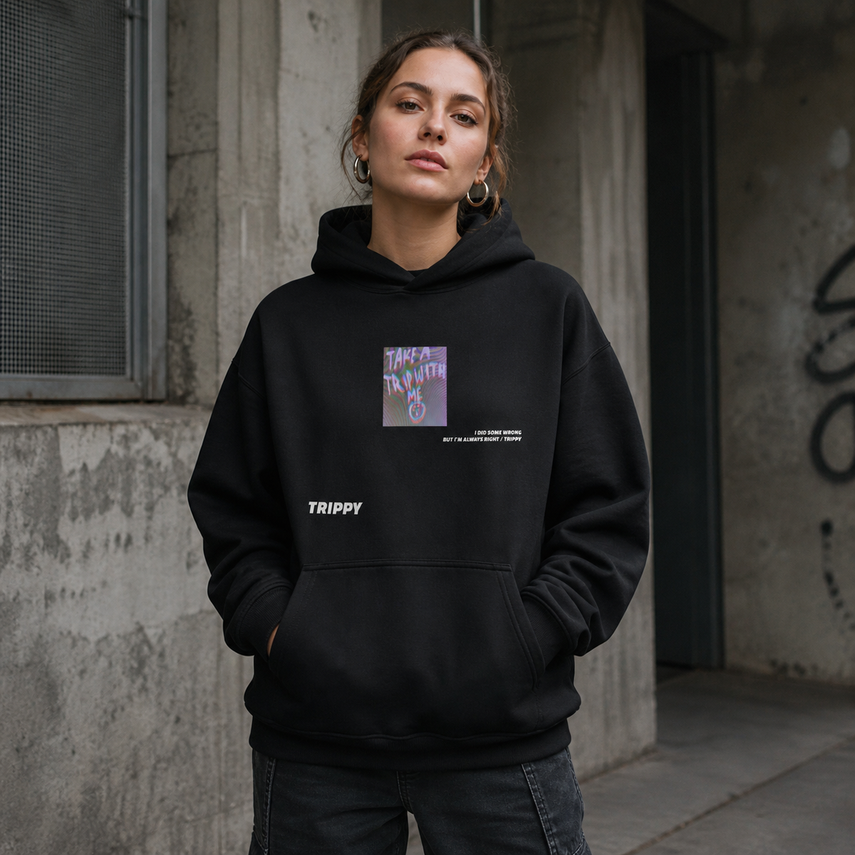 Take me to a Trip Hoodie Damen-Modell Frontansicht – KI-generierte Darstellung