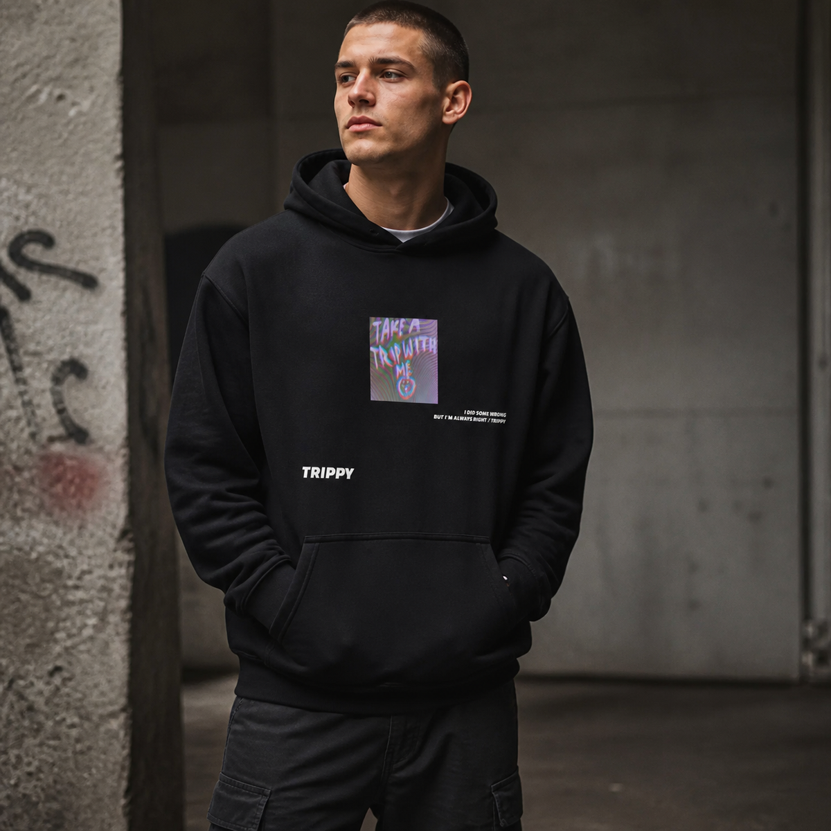 Take me to a Trip Hoodie Herren-Modell Frontansicht – KI-generierte Darstellung
