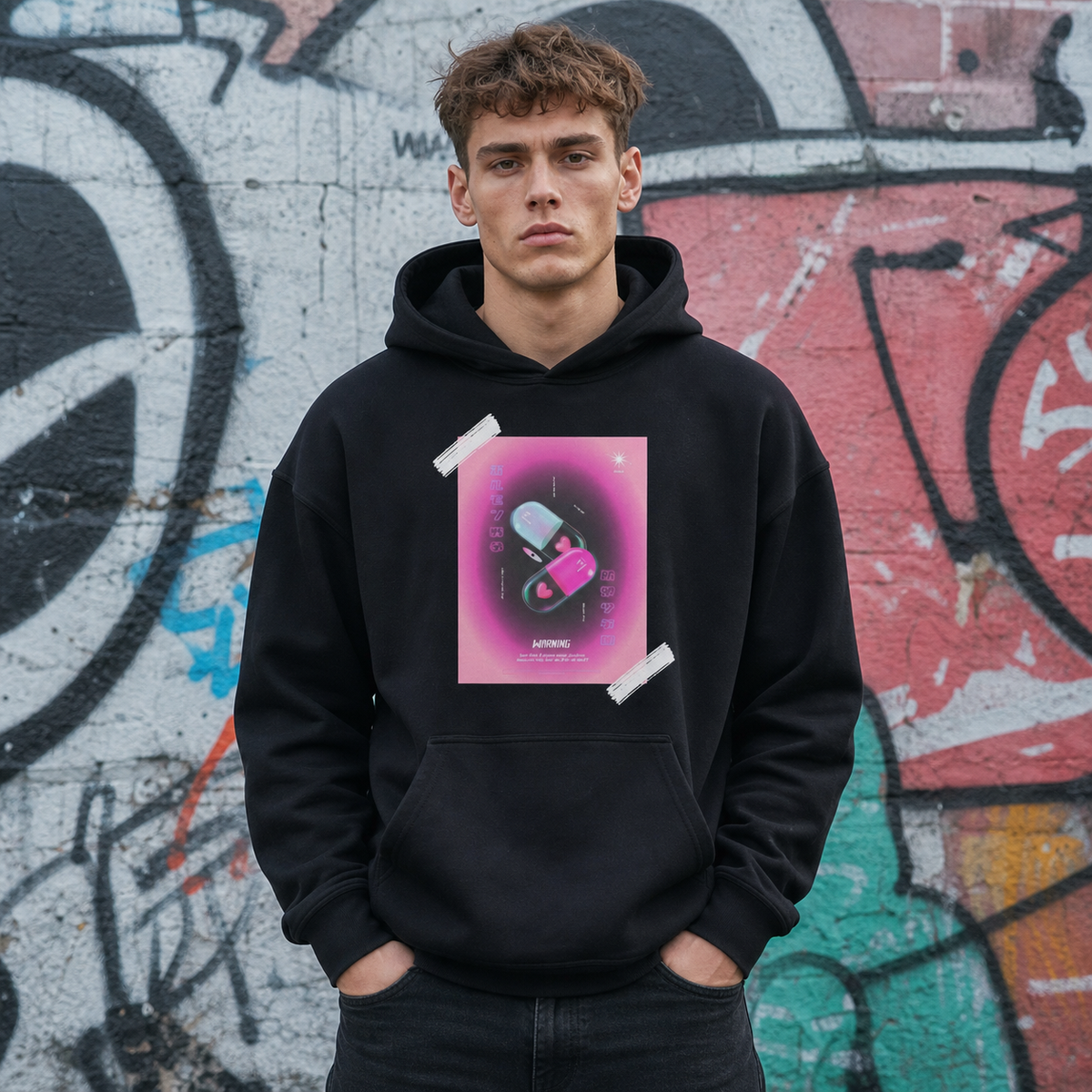 Think Different Hoodie an männlichem Model, Frontansicht – KI-generierte Darstellung