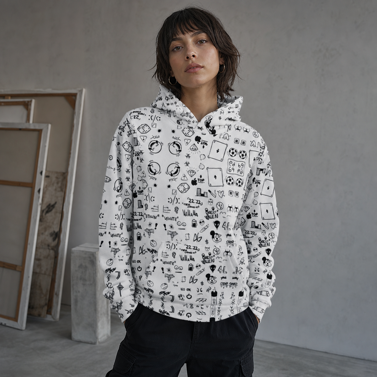 Tick Graphic Hoodie Damen Modell Frontansicht – KI-generierte Darstellung