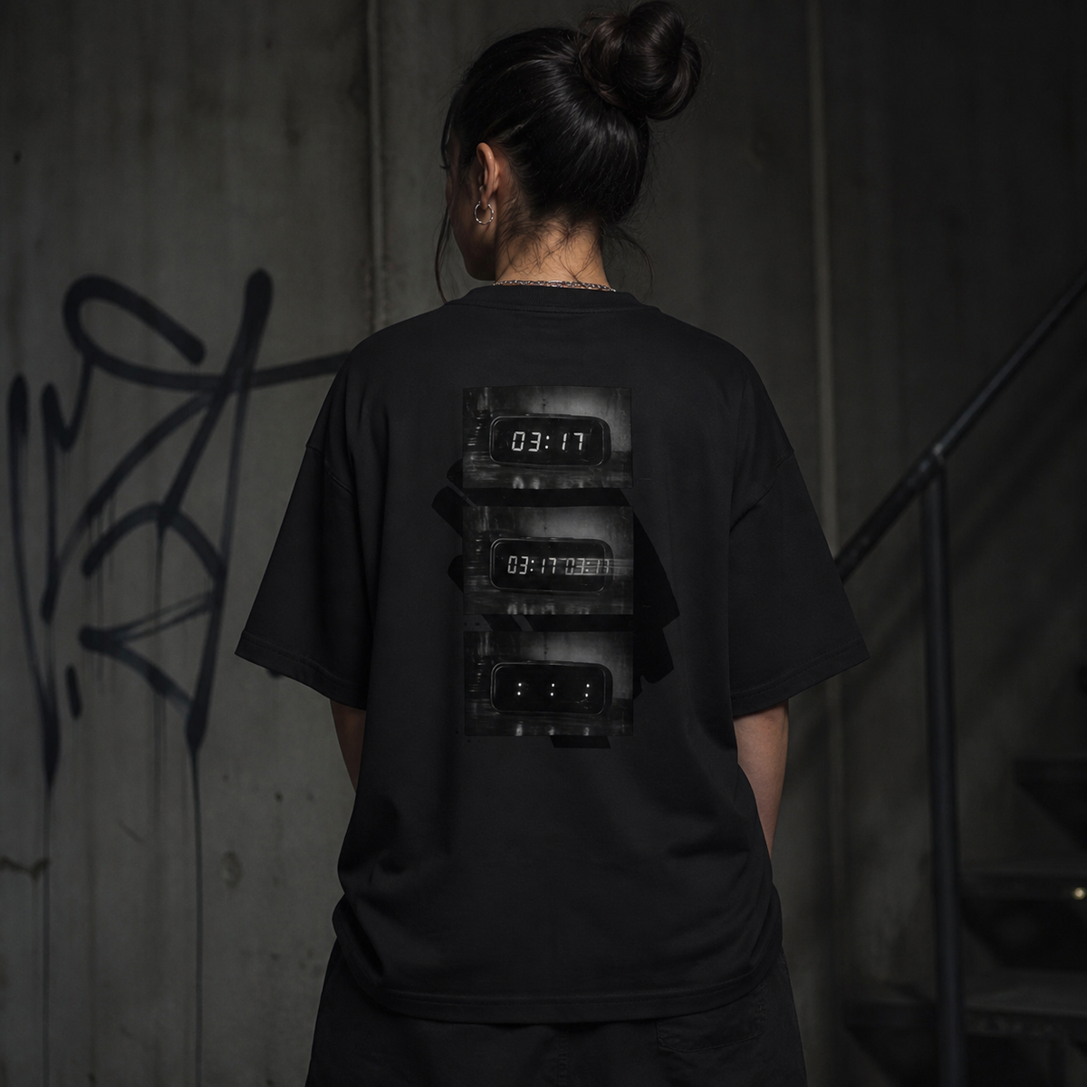 TIME LOSS Oversized T-Shirt am weiblichen Model, Rückenprint – KI-generierte Darstellung