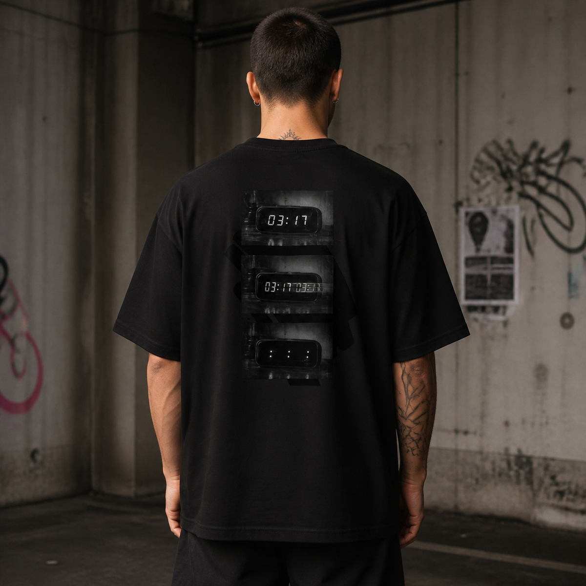 TIME LOSS Oversized T-Shirt am männlichen Model, Rückenprint – KI-generierte Darstellung