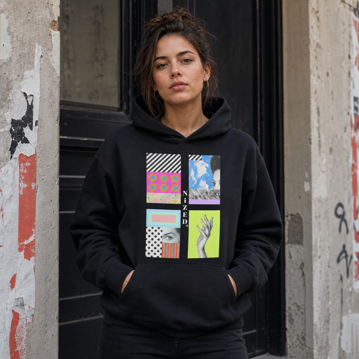 Trippin Designer Hoodie an weiblichem Model, Frontansicht – KI-generierte Darstellung