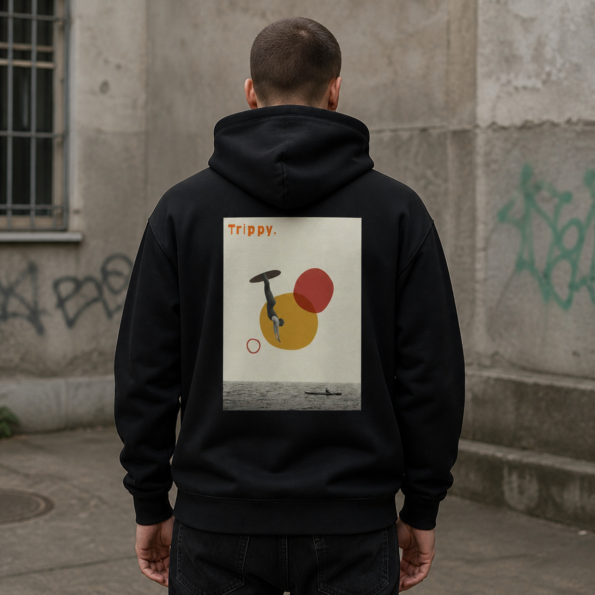Trippin Designer Hoodie an männlichem Model, Rückenansicht – KI-generierte Darstellung