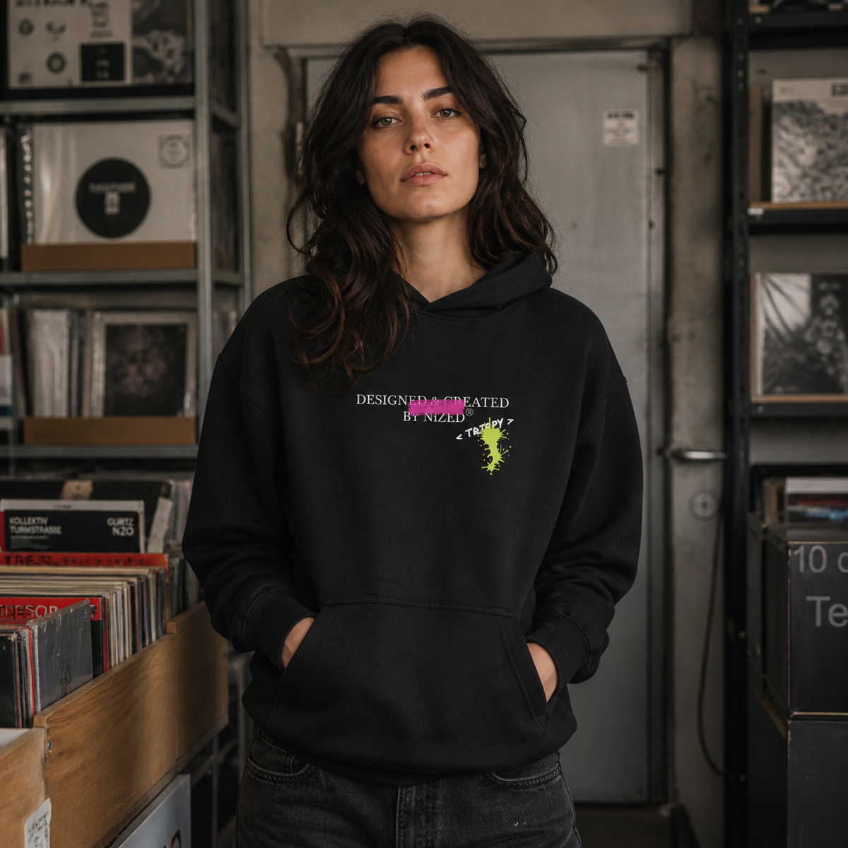 Trippy Advisor Hoodie an weiblichem Model, Frontansicht – KI-generierte Darstellung
