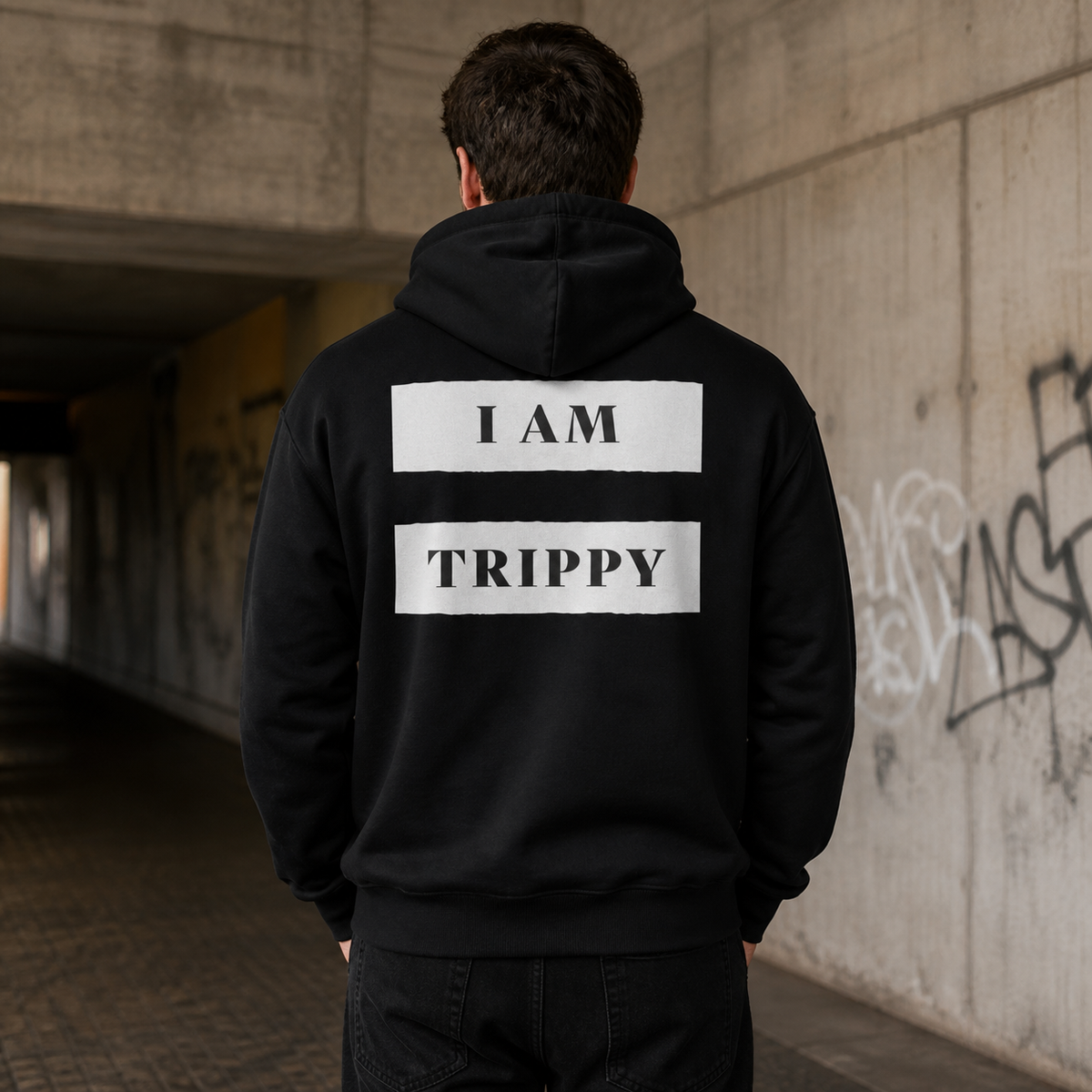 Trippy Graphic Hoodie Design 2 an männlichem Model, Rückenansicht – KI-generierte Darstellung