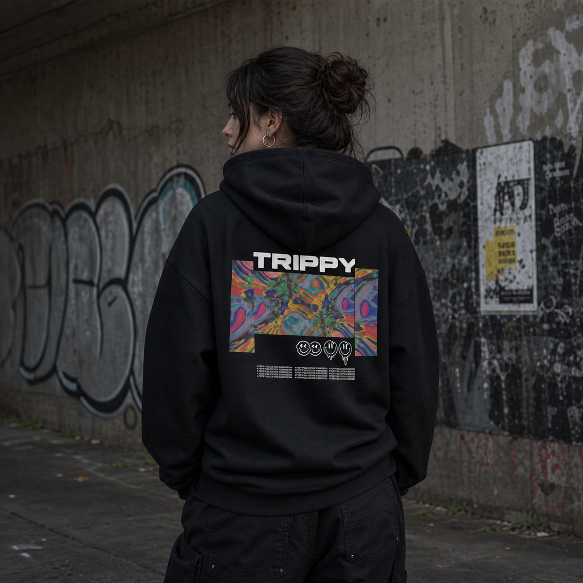 Trippy Love Hoodie am weiblichen Model mit Backprint vor Berliner Graffiti-Kulisse – KI-generierte Darstellung