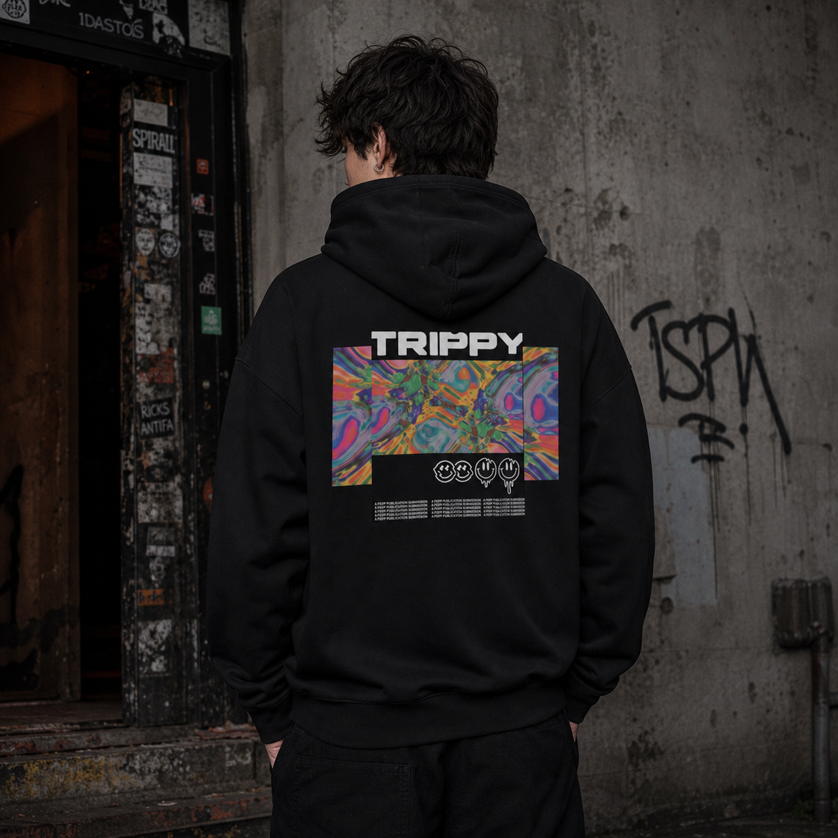 Trippy Love Hoodie am männlichen Model mit Backprint in Berliner Streetwear-Kulisse – KI-generierte Darstellung