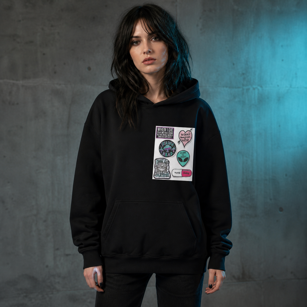 Trippy Pills Hoodie Damen Modell Frontansicht – KI-generierte Darstellung