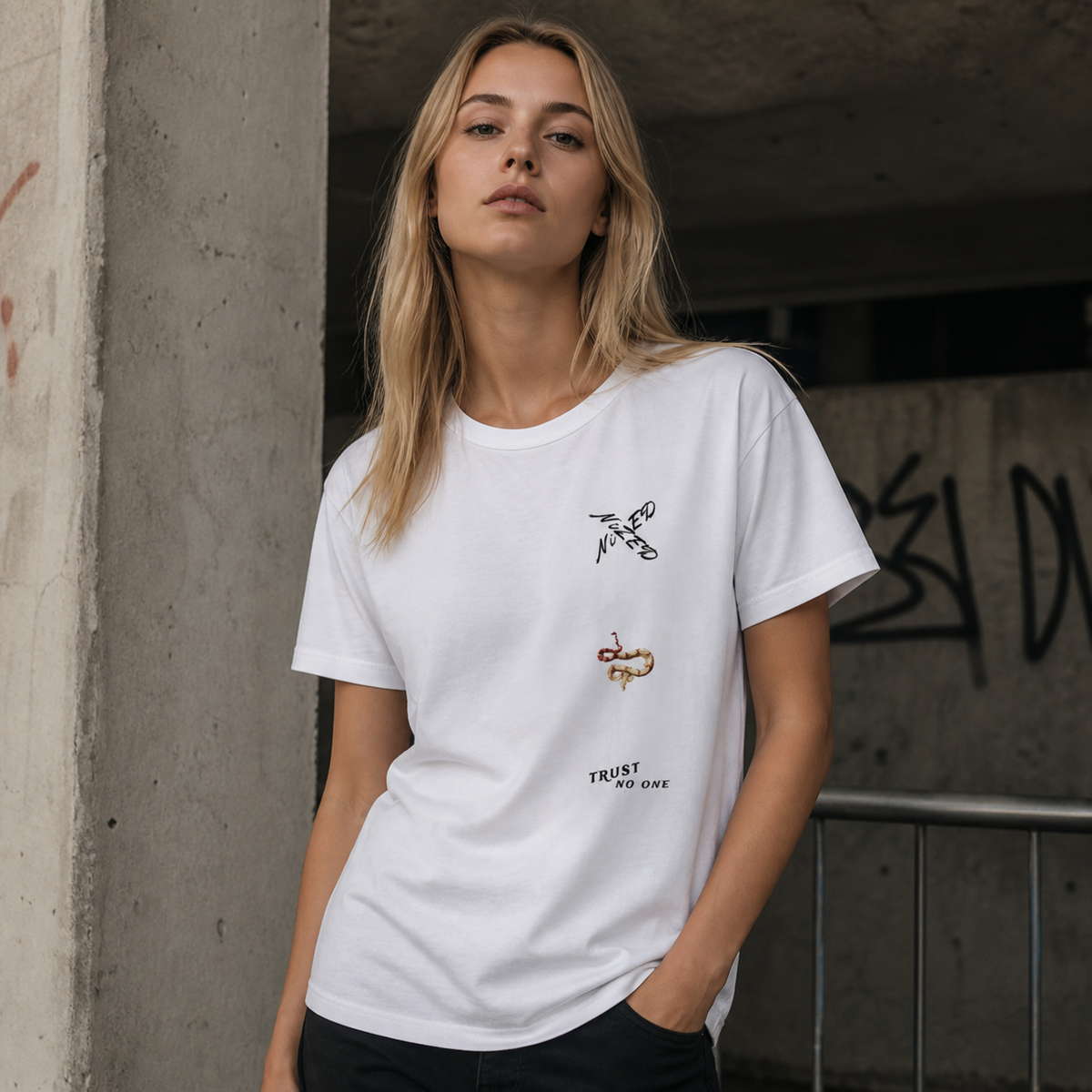 Trust Graphic T-Shirt am weiblichen Model, Frontprint – KI-generierte Darstellung