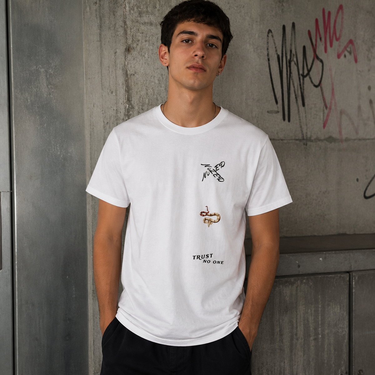 Trust Graphic T-Shirt am männlichen Model, Frontprint – KI-generierte Darstellung