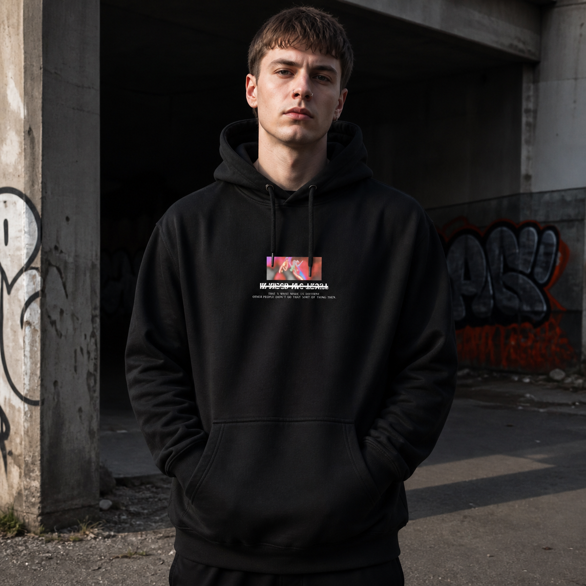 Trust Graphic Hoodie Design 2 Herren-Modell Frontansicht – KI-generierte Darstellung
