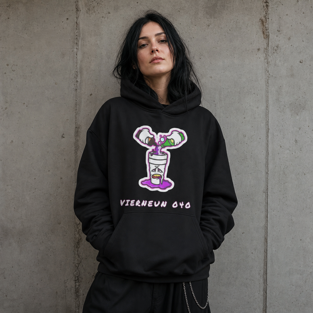 Vierneun 040trippin Hoodie Damen Frontansicht – KI-generierte Darstellung