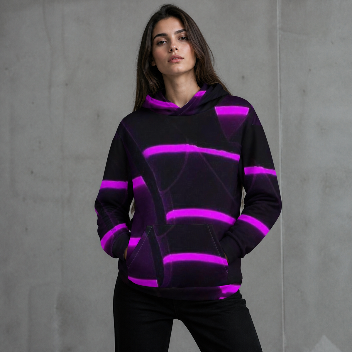 Vitruvianish Graphic Hoodie Damen Modell Frontansicht – KI-generierte Darstellung