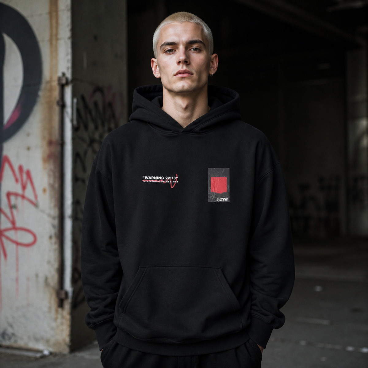 Warning Graphic Hoodie Herren-Modell Frontansicht – KI-generierte Darstellung