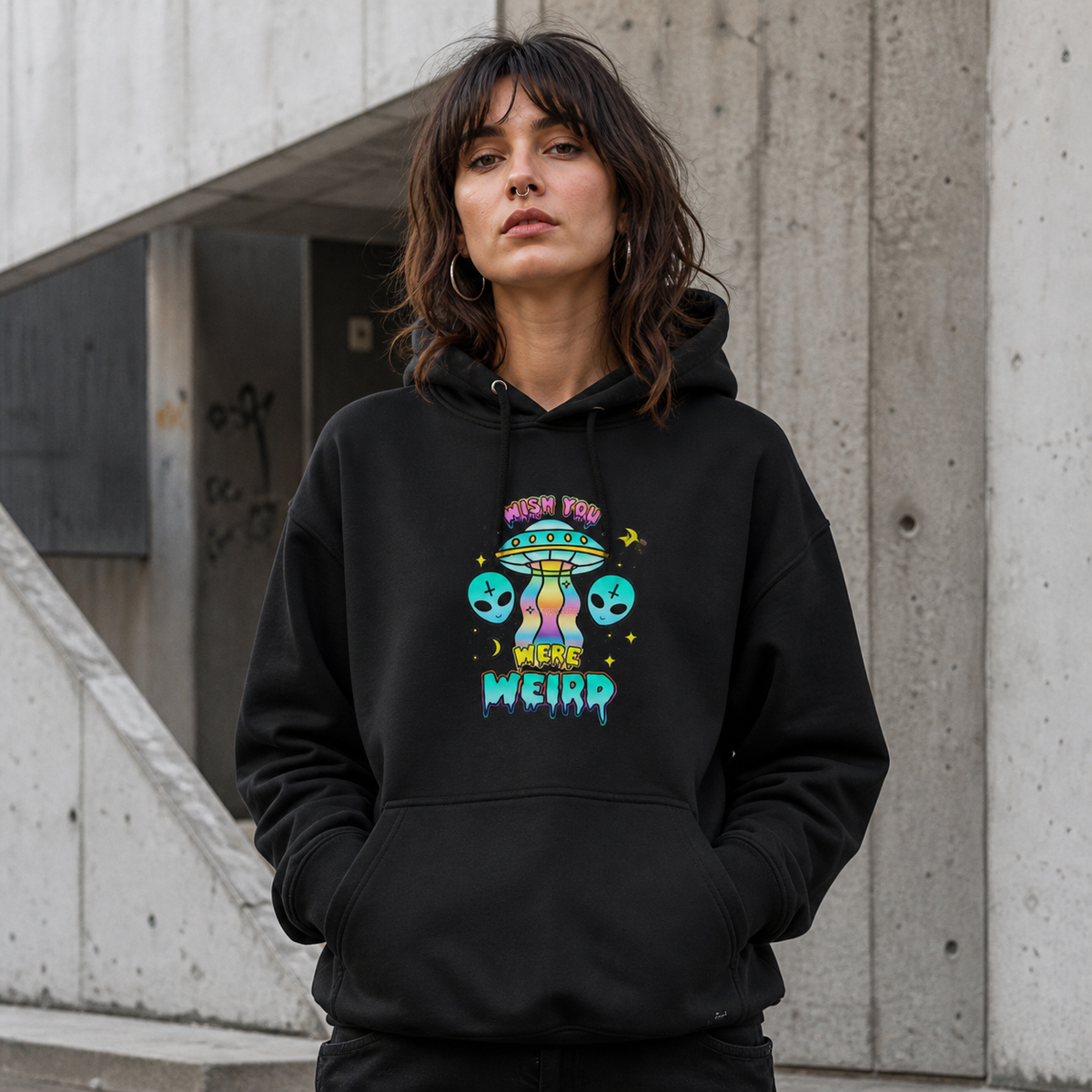Wish Alien Hoodie Damen-Modell Frontansicht – KI-generierte Darstellung